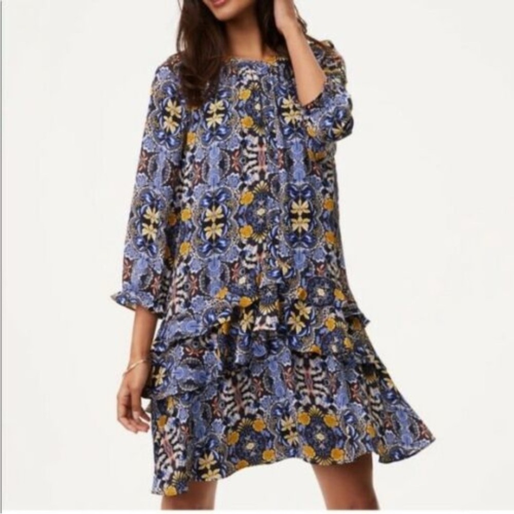 LOFT Long Sleeve Ruffled Drop Wsist Shift Dress. Navy with Yellow Floral Print